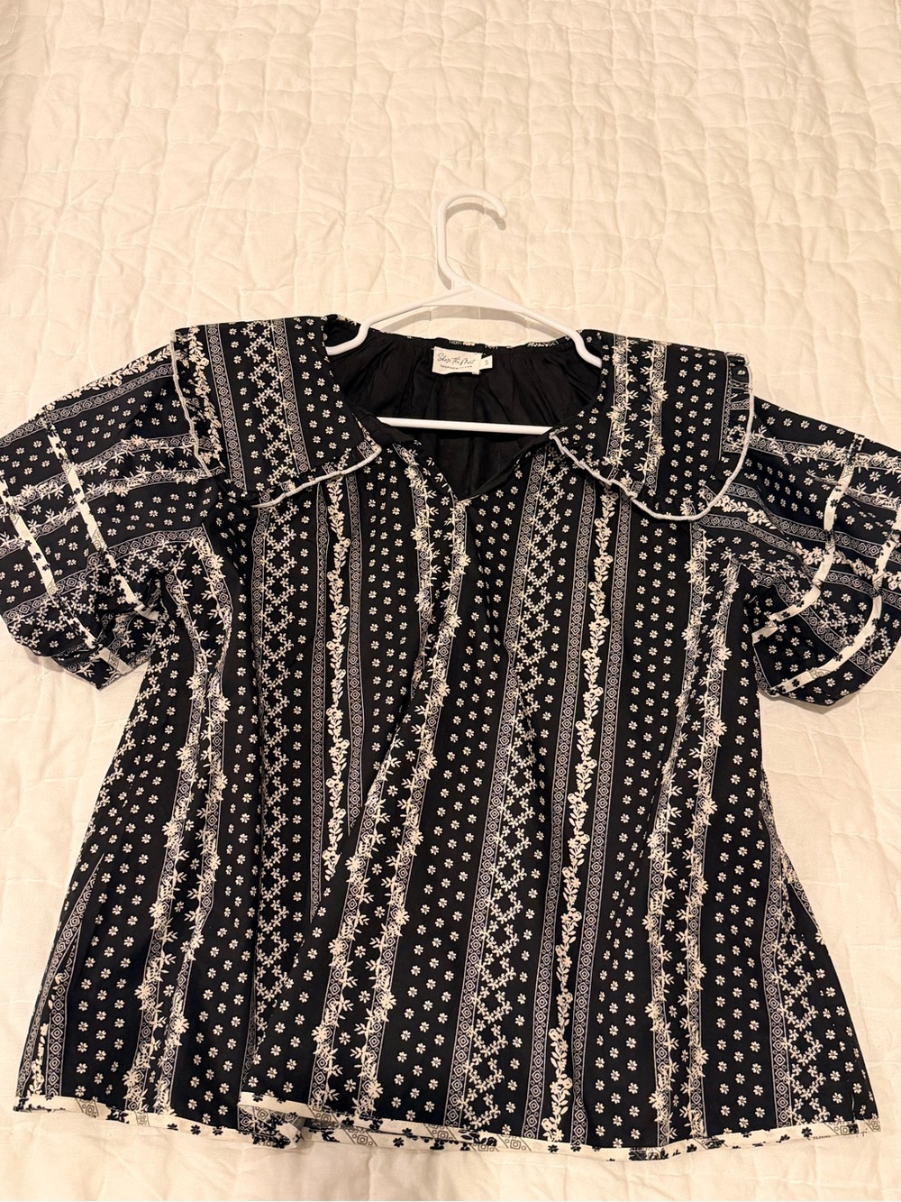 Classic Black & White Patterned Women's Top with Contrast Collar